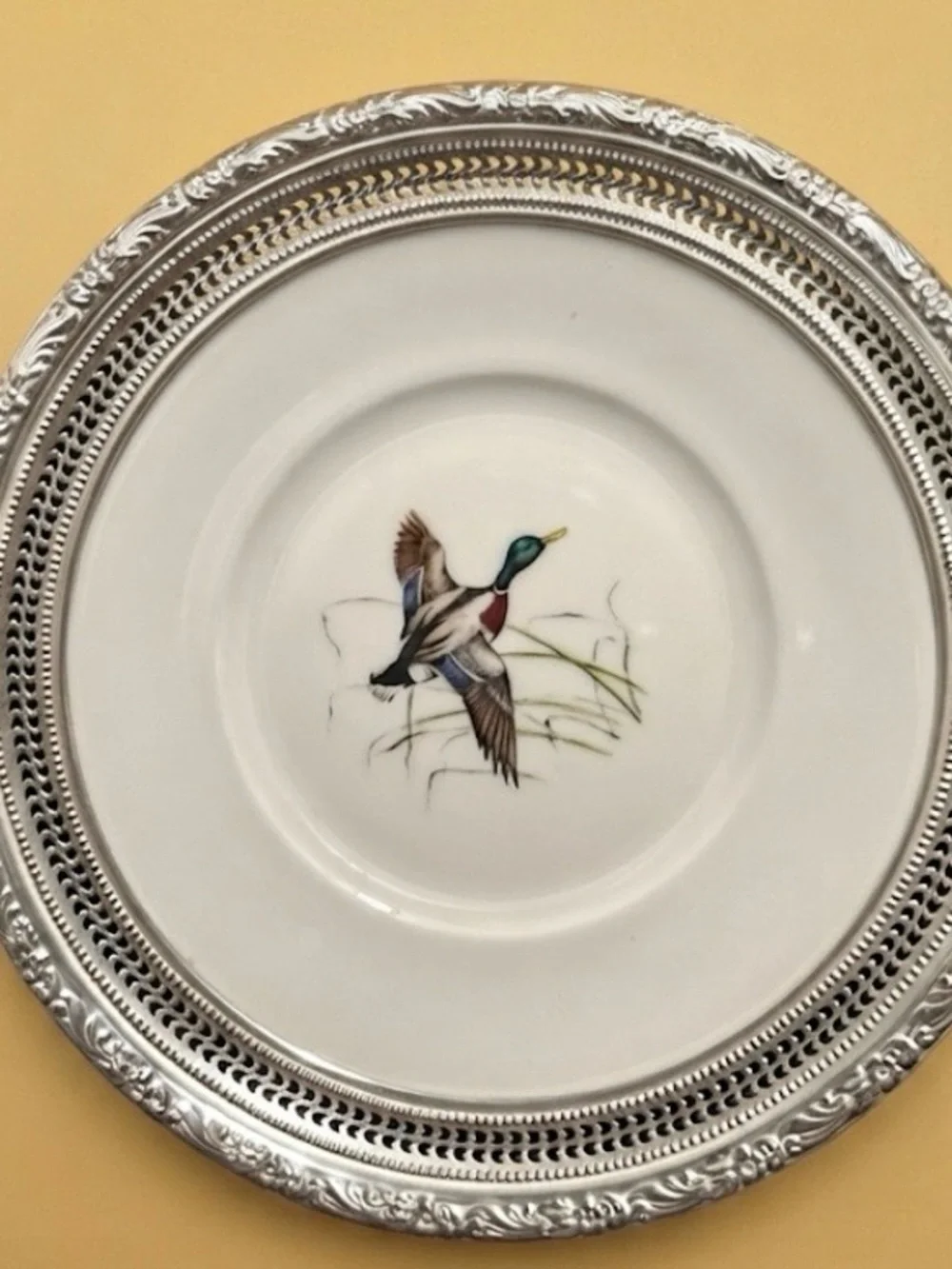 gorgeous !  this vintage Frank M. Whiting porcelain plate sterling silver trim.